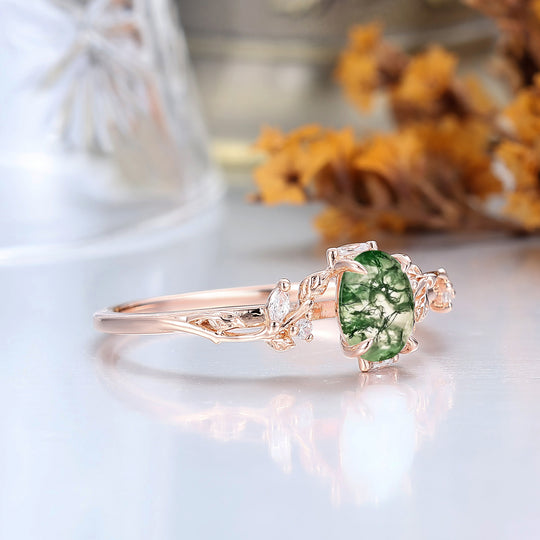 Unique Leaf Design Natural Moss Agate Engagement Ring Rose Gold Prong Setting Bridal Ring