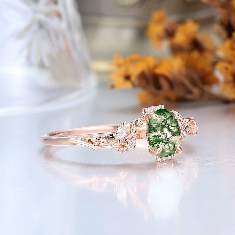 Unique Leaf Design Natural Moss Agate Engagement Ring Rose Gold Prong Setting Bridal Ring