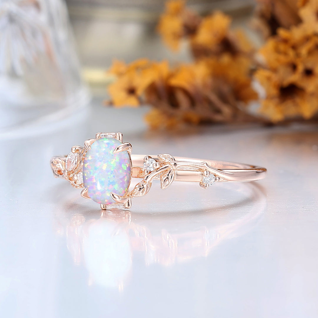 Dainty Oval Pink White Opal Bridal Ring Leaf Engraved Rose Gold Women Ring