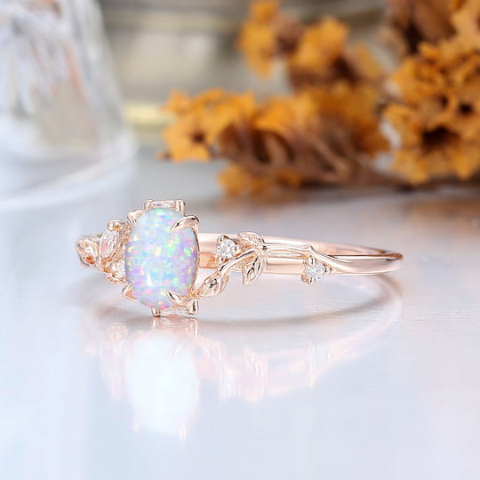 Dainty Oval Pink White Opal Bridal Ring Leaf Engraved Rose Gold Women Ring