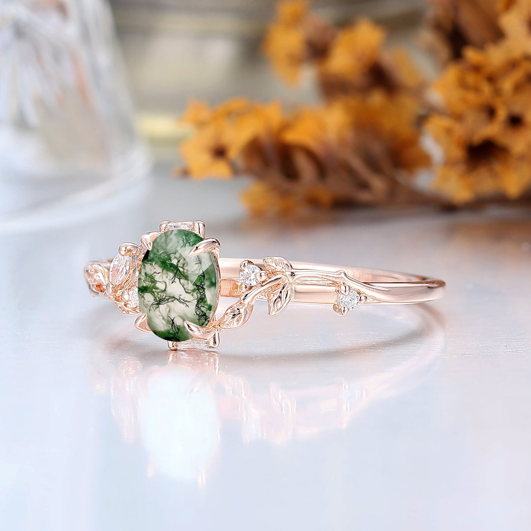 Unique Leaf Design Natural Moss Agate Engagement Ring Rose Gold Prong Setting Bridal Ring