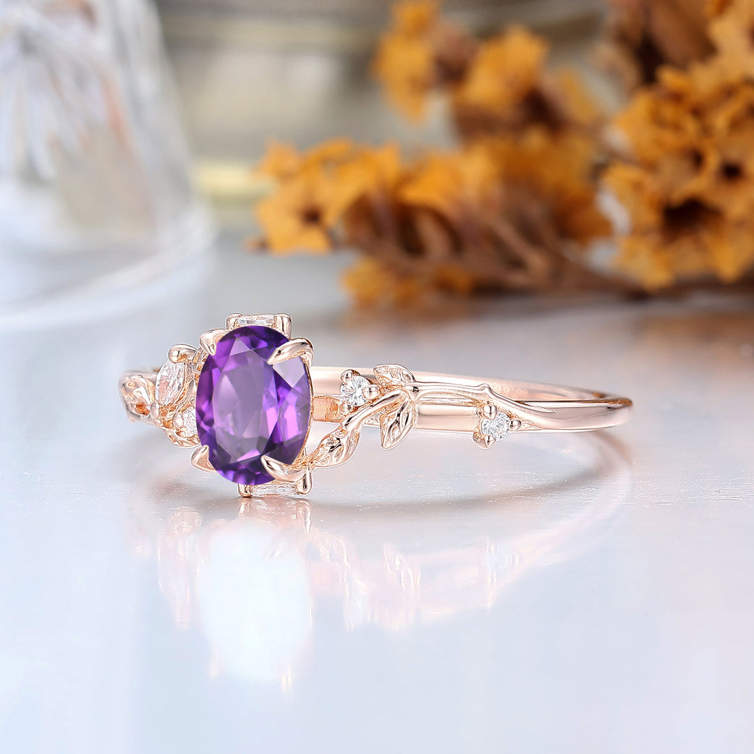 Anello di fidanzamento ovale in ametista ispirato alla natura, anello nuziale in oro massiccio, anello in argento sterling per lei
