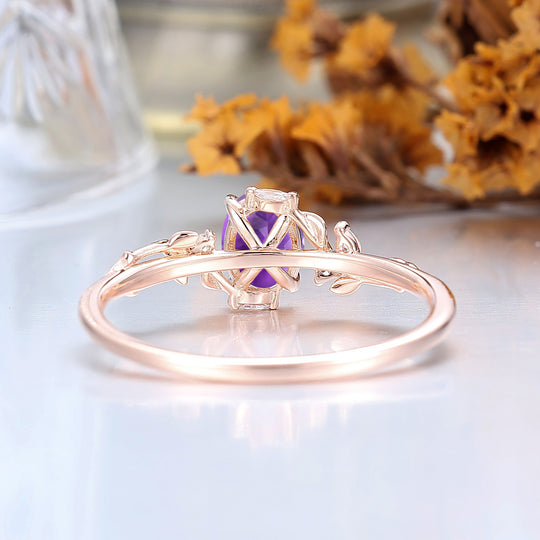 Anello di fidanzamento ovale in ametista ispirato alla natura, anello nuziale in oro massiccio, anello in argento sterling per lei