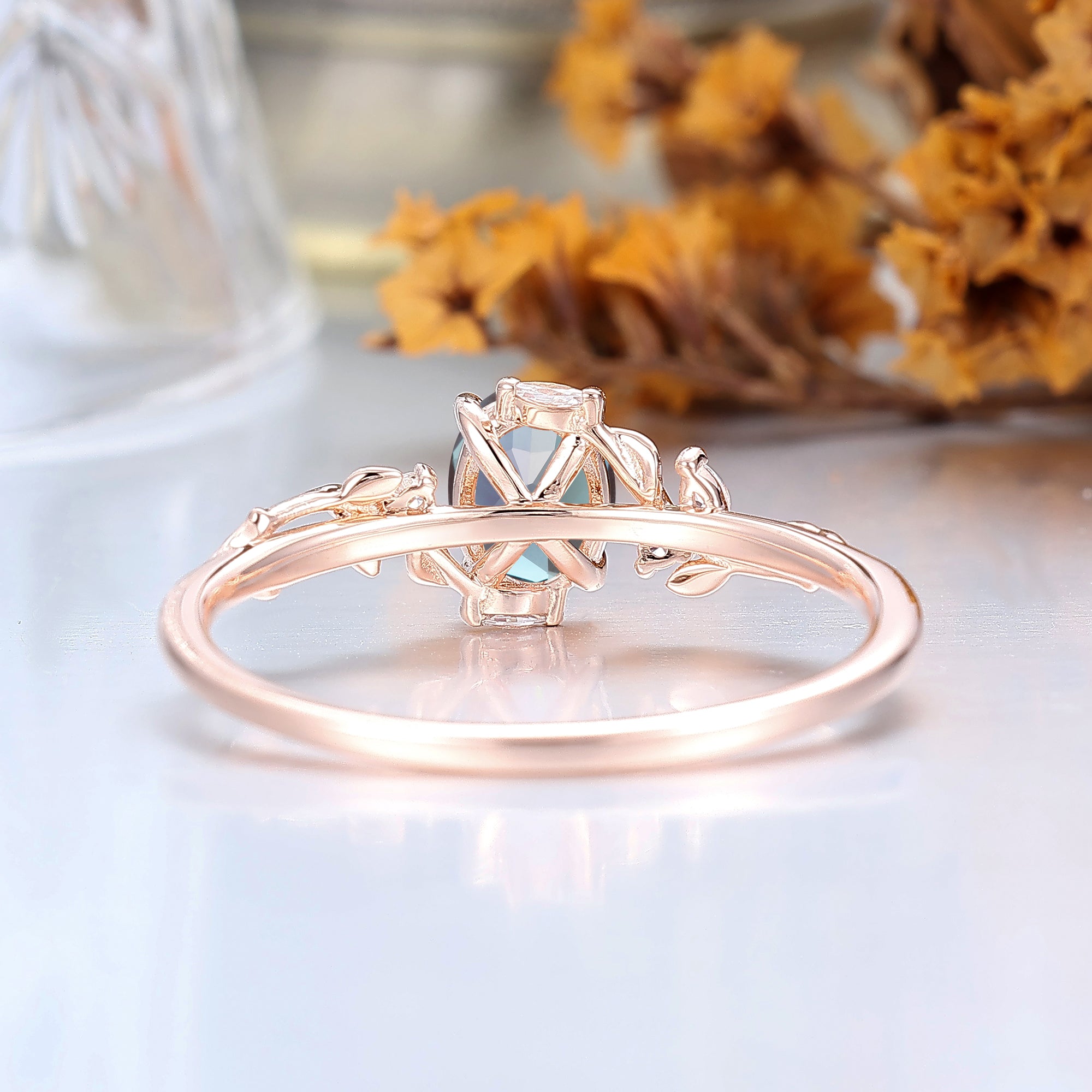 Art Deco Oval Color-Change Alexandrite Engagement Ring Leaf Design