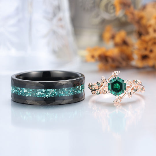 Leaf Inspired Hexagon Cut Emerald Couple Ring Unique Emerald Rings For Him And Her
