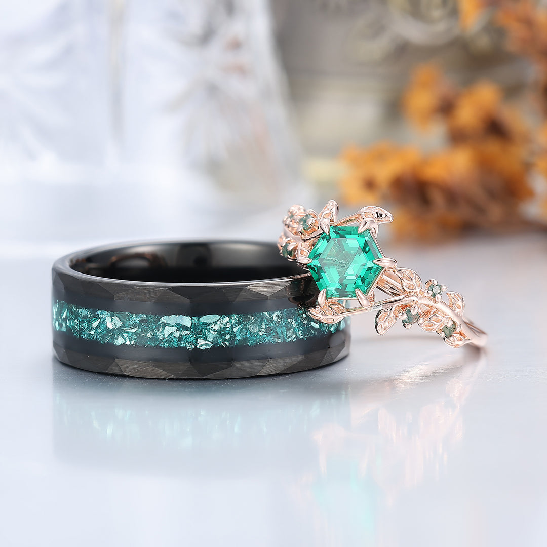 Leaf Inspired Hexagon Cut Emerald Couple Ring Unique Emerald Rings For Him And Her