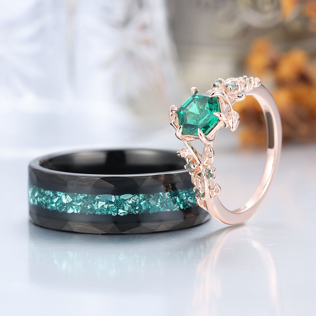 Leaf Inspired Hexagon Cut Emerald Couple Ring Unique Emerald Rings For Him And Her