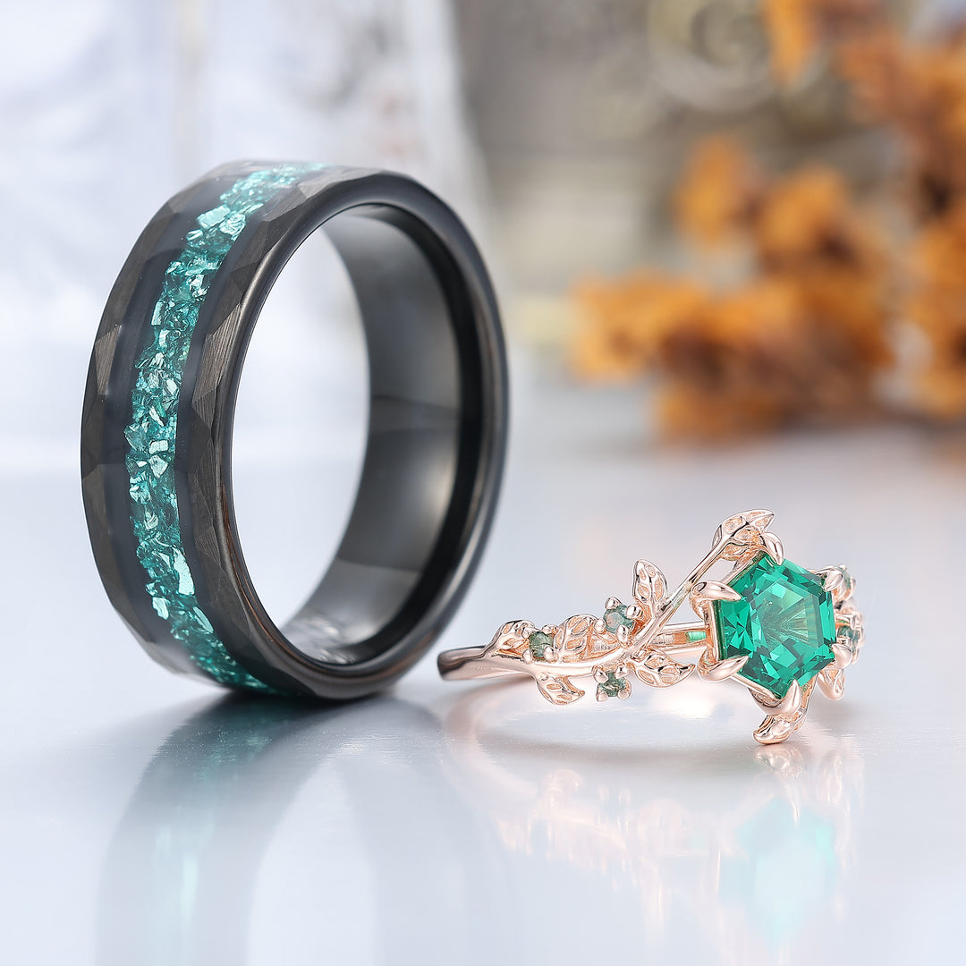 Leaf Inspired Hexagon Cut Emerald Couple Ring Unique Emerald Rings For Him And Her
