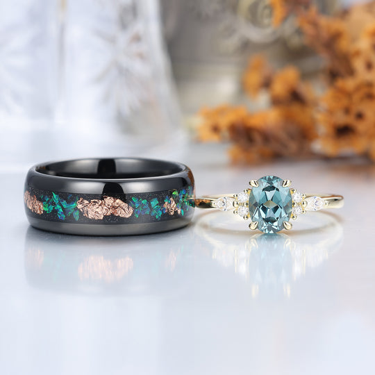 Unique Oval Cut Teal Sapphire Couples Ring S925 And Tungsten His and Hers Wedding Band