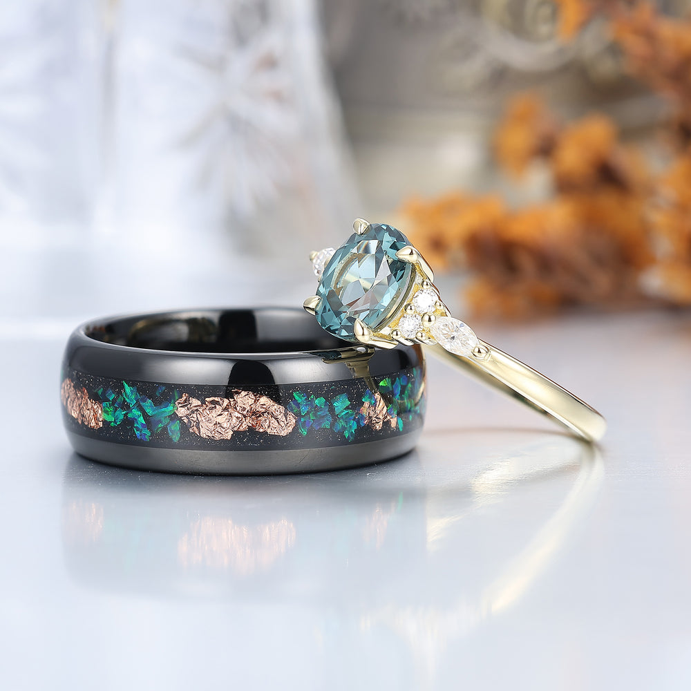 Unique Oval Cut Teal Sapphire Couples Ring S925 And Tungsten His and Hers Wedding Band