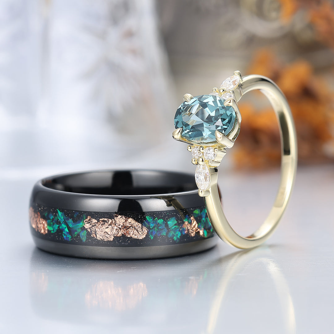 Unique Oval Cut Teal Sapphire Couples Ring S925 And Tungsten His and Hers Wedding Band