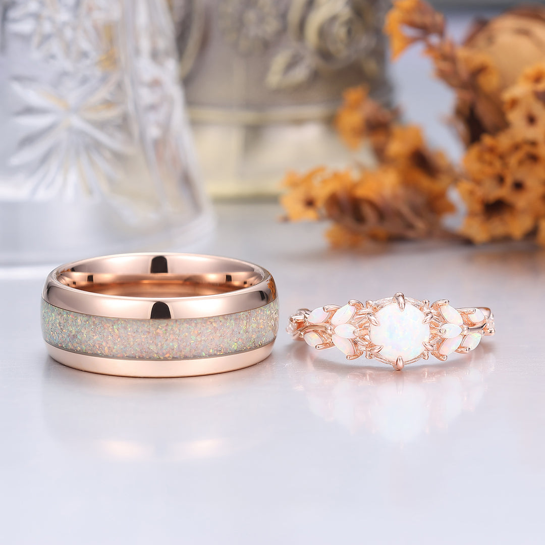 Leaf Design Pink White Opal Couples Ring Set Rose Gold Plated Matching Promise His and Hers Wedding Rings -  Esdomera.com