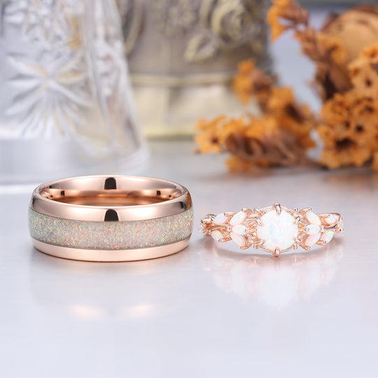 Leaf Design Pink White Opal Couples Ring Set Rose Gold Plated Matching Promise His and Hers Wedding Rings -  Esdomera.com