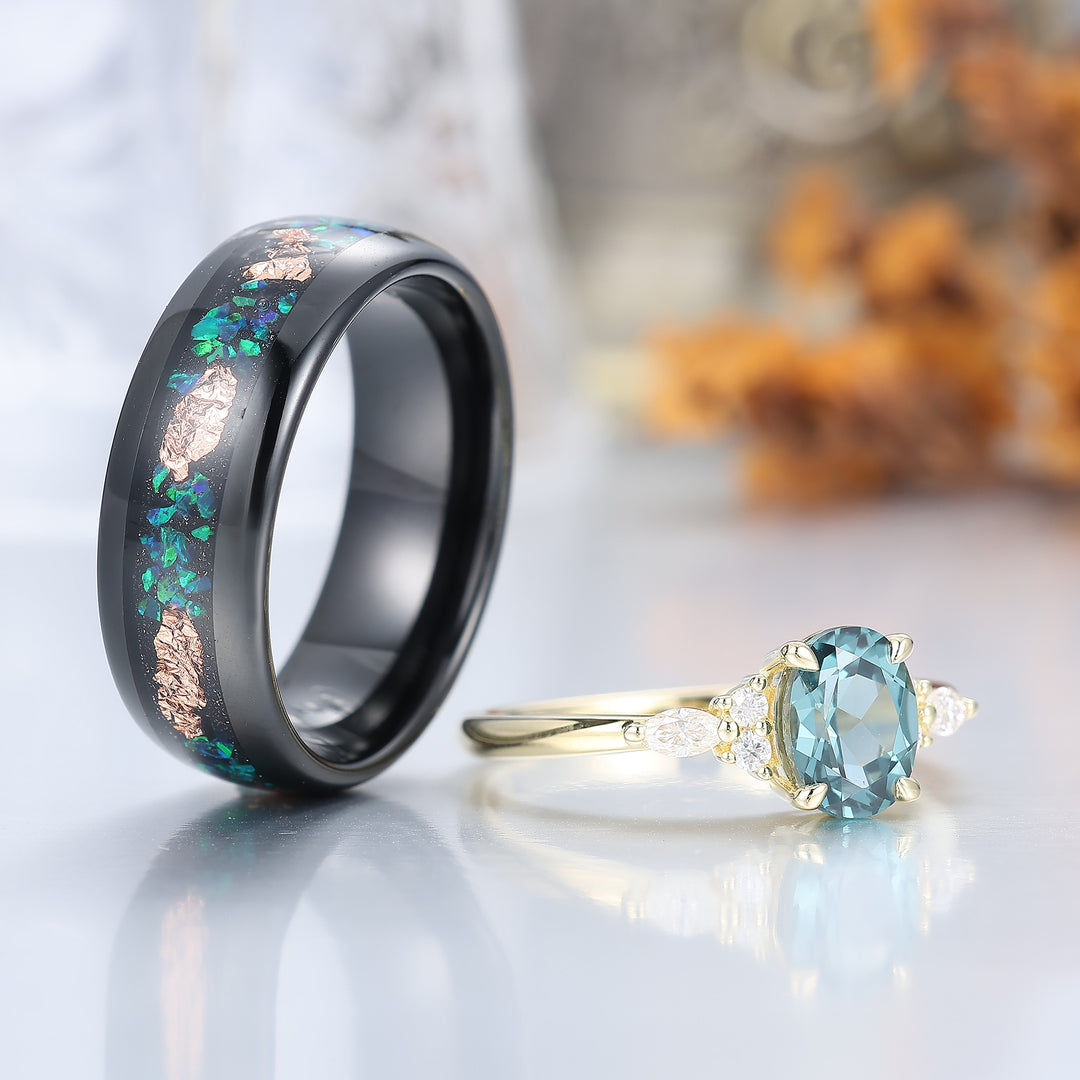Unique Oval Cut Teal Sapphire Couples Ring S925 And Tungsten His and Hers Wedding Band