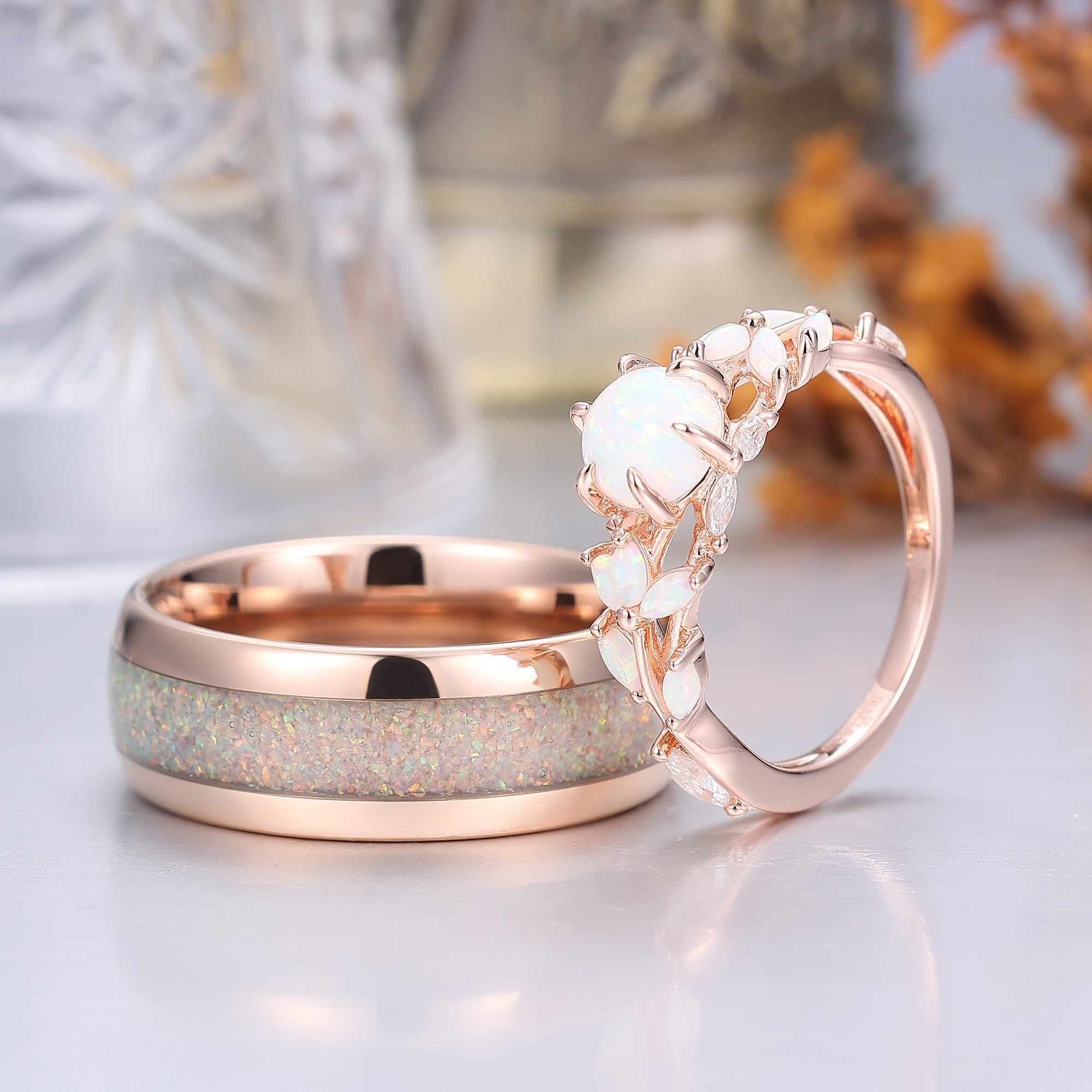 Leaf Design Pink White Opal Couples Ring Set Rose Gold Plated