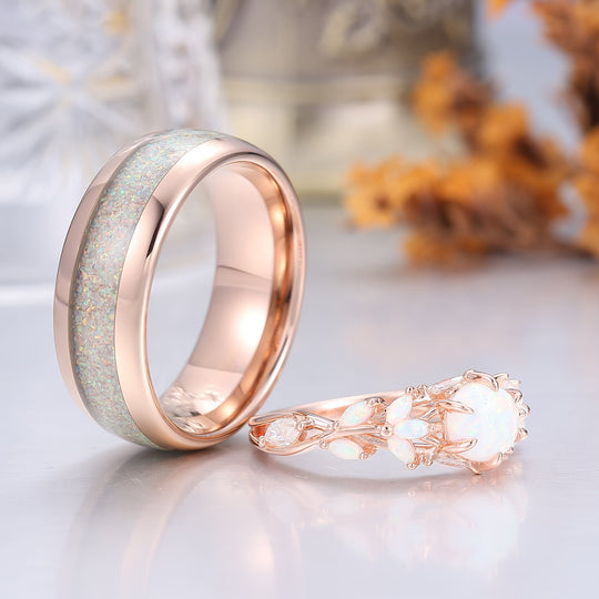 Leaf Design Pink White Opal Couples Ring Set Rose Gold Plated Matching Promise His and Hers Wedding Rings -  Esdomera.com