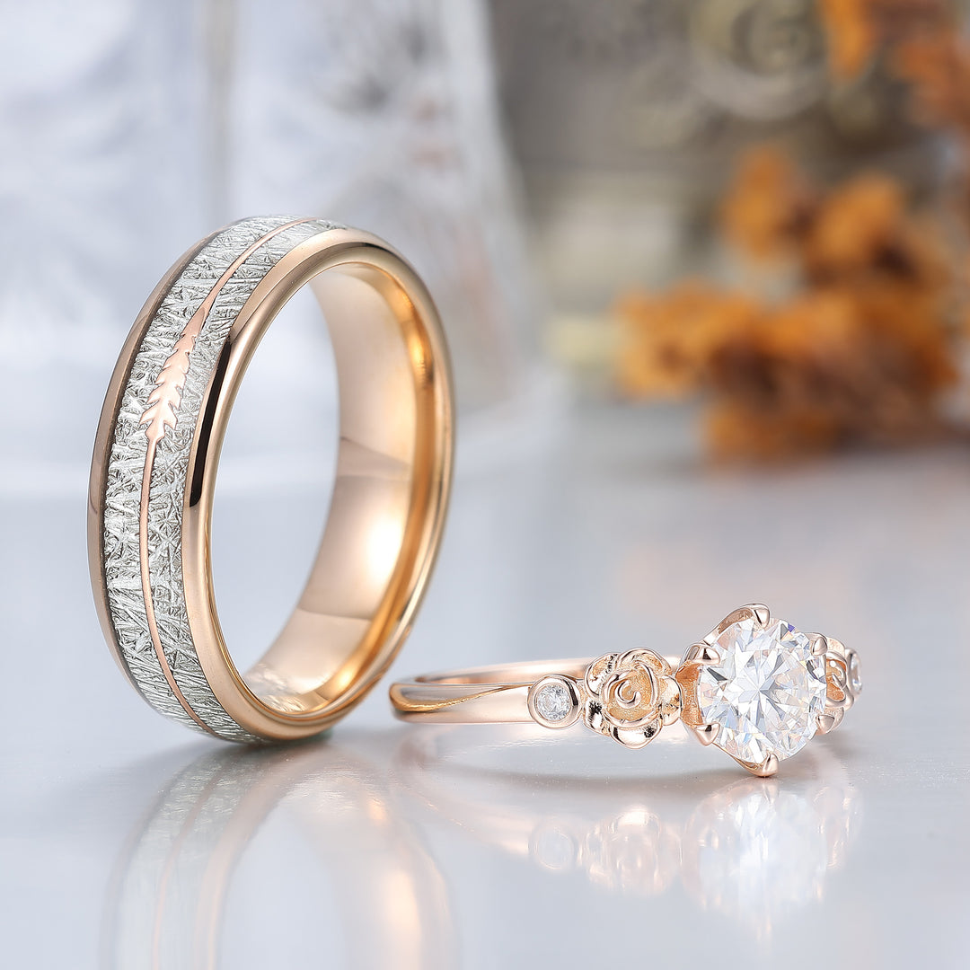 Stijlvolle ronde moissanite paarringen met bloemgravure, roségoud verguld — liefdesringen voor hem en haar