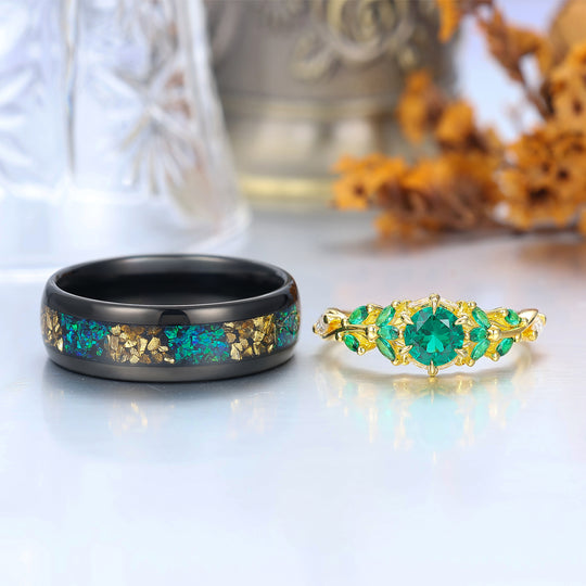 0.8CT Round Emerald His And Hers Rings Citrine and Peacock Green Opal Tungsten Matching Couple Rings