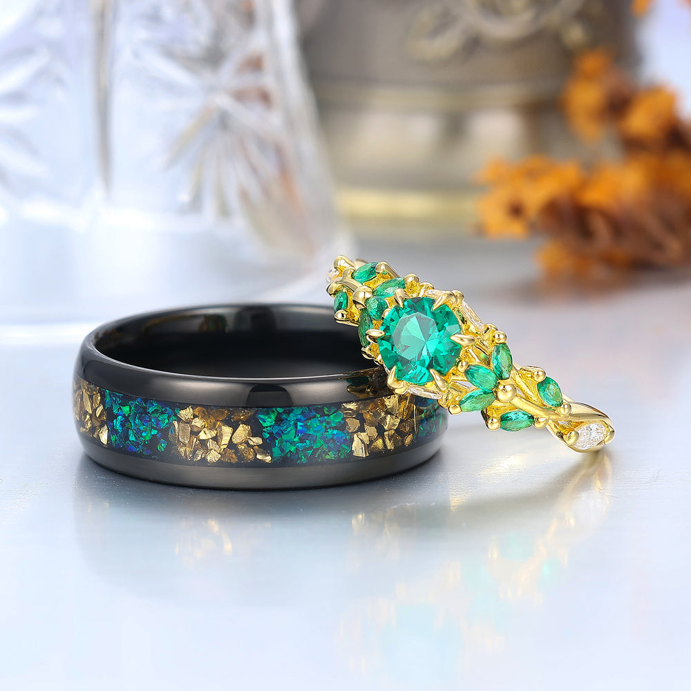 0.8CT Round Emerald His And Hers Rings Citrine and Peacock Green Opal Tungsten Matching Couple Rings