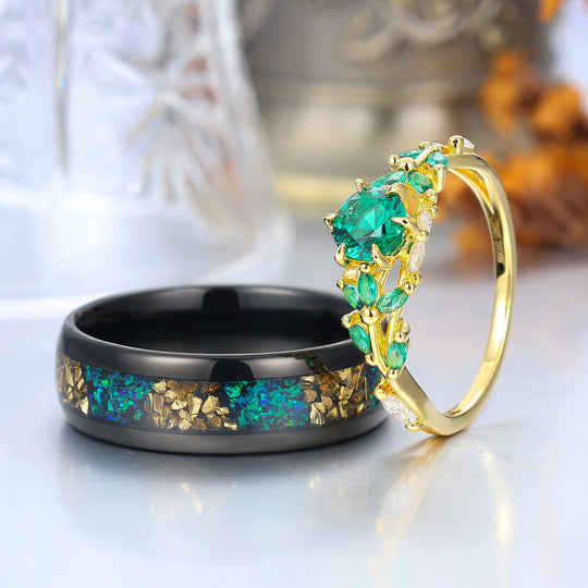 0.8CT Round Emerald His And Hers Rings Citrine and Peacock Green Opal Tungsten Matching Couple Rings
