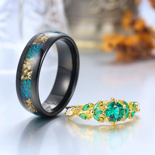 0.8CT Round Emerald His And Hers Rings Citrine and Peacock Green Opal Tungsten Matching Couple Rings