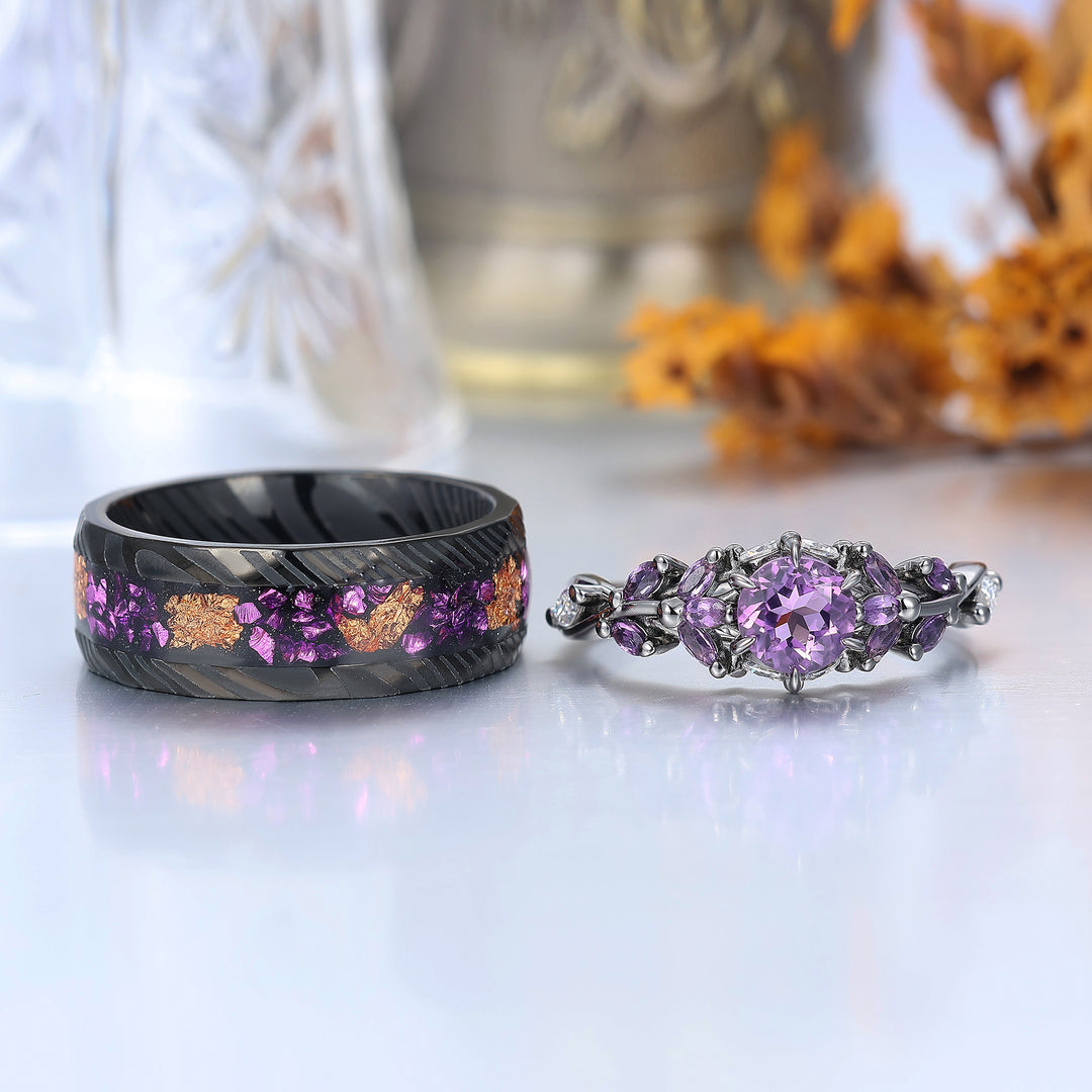 Amethyst and Black Damascus Steel Wedding Bands Matching Ring Set for Couples
