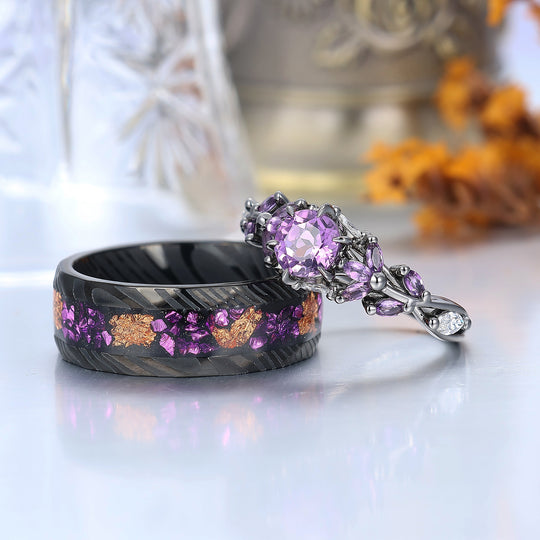 Amethyst and Black Damascus Steel Wedding Bands Matching Ring Set for Couples