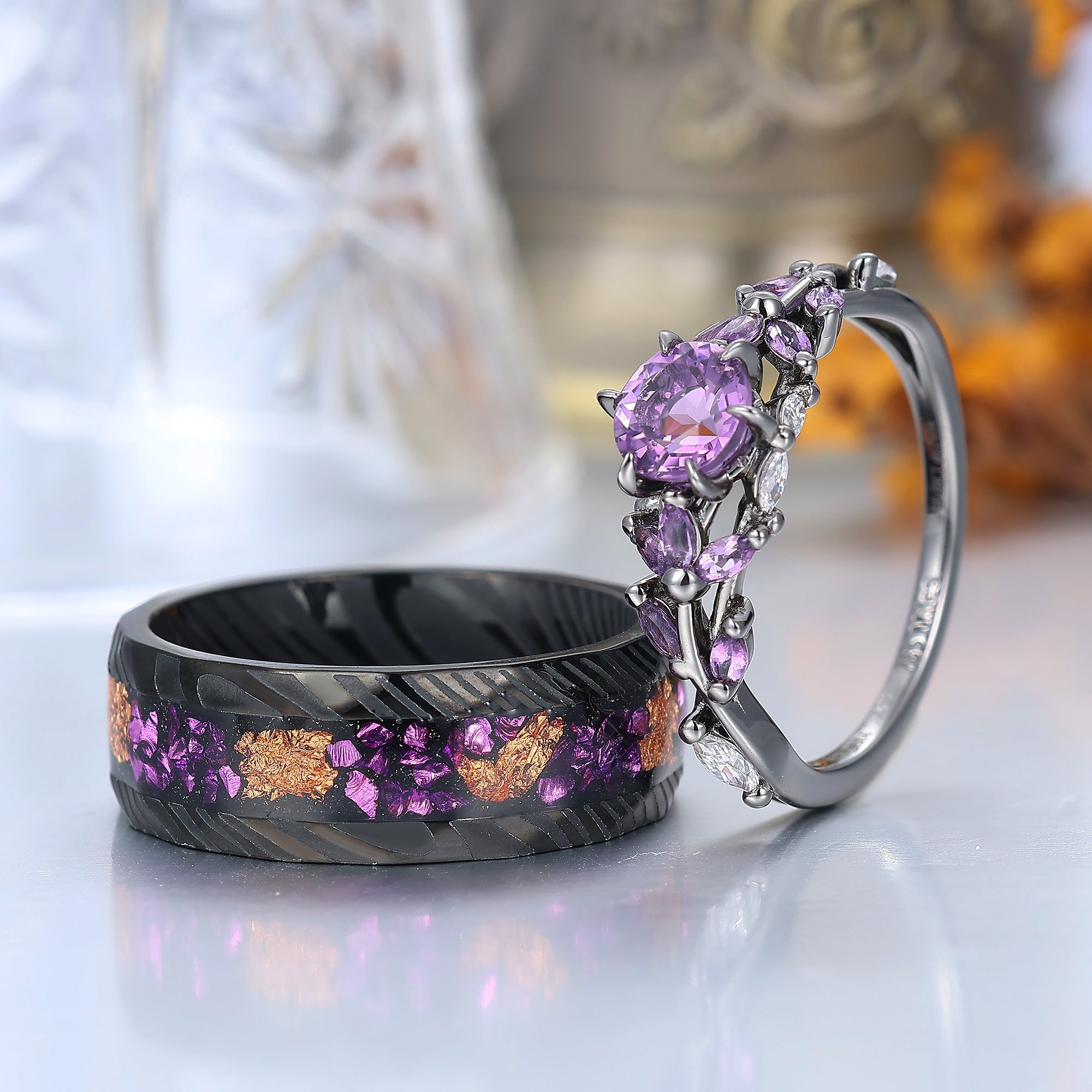 Amethyst and Black Damascus Steel Wedding Bands Matching Ring Set