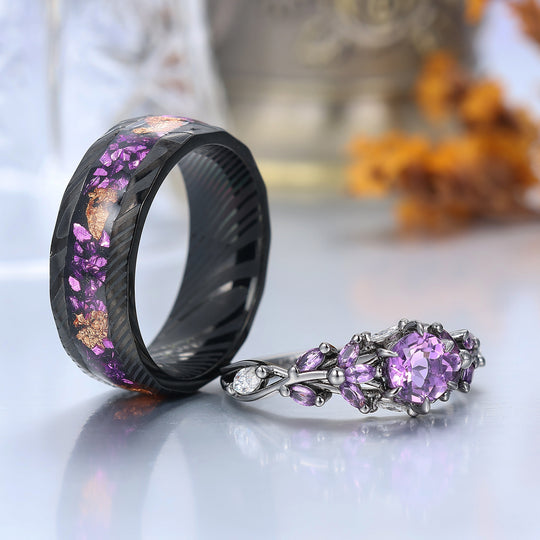 Amethyst and Black Damascus Steel Wedding Bands Matching Ring Set for Couples