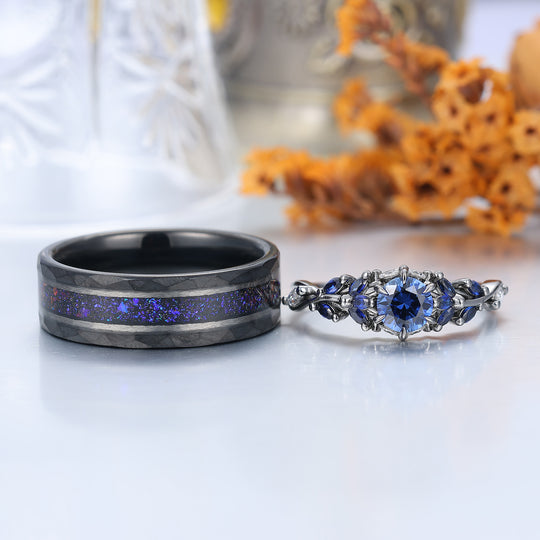 Gorgeous Curved Sapphire Stem Engagement Rings For Couples Modern Blue Tungsten Couple's Set Anniversary Wedding Band