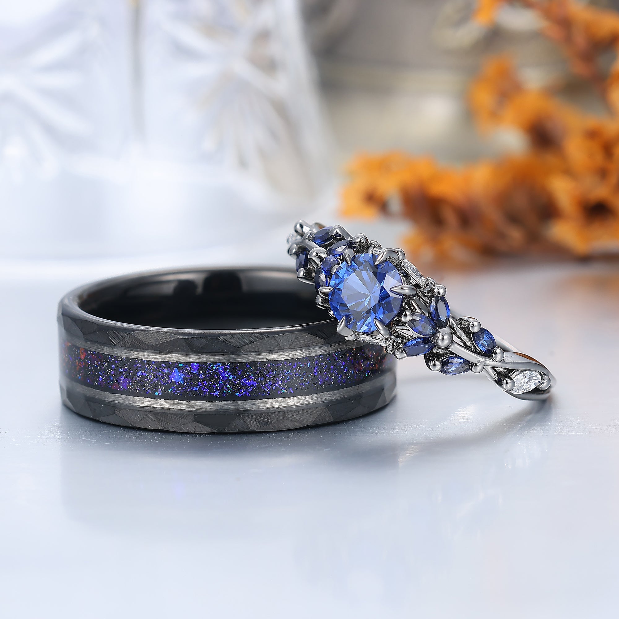 Gorgeous Curved Sapphire Stem Engagement Rings For Couples Modern Blue ...