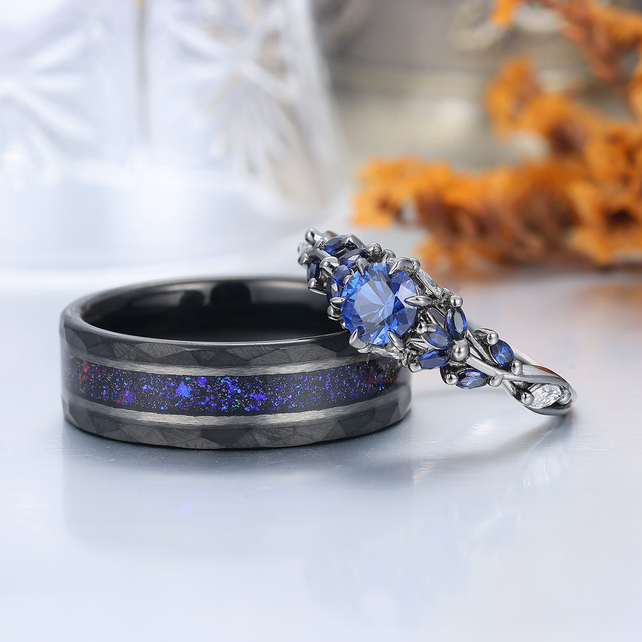 Gorgeous Curved Sapphire Stem Engagement Rings For Couples Modern Blue Tungsten Couple's Set Anniversary Wedding Band -  Esdomera.com