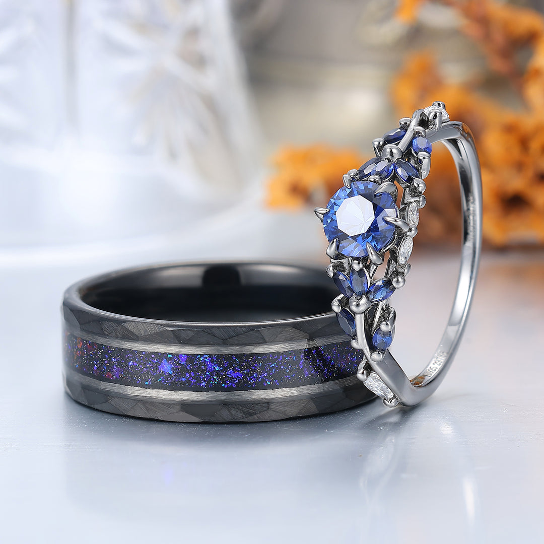 Gorgeous Curved Sapphire Stem Engagement Rings For Couples Modern Blue Tungsten Couple's Set Anniversary Wedding Band