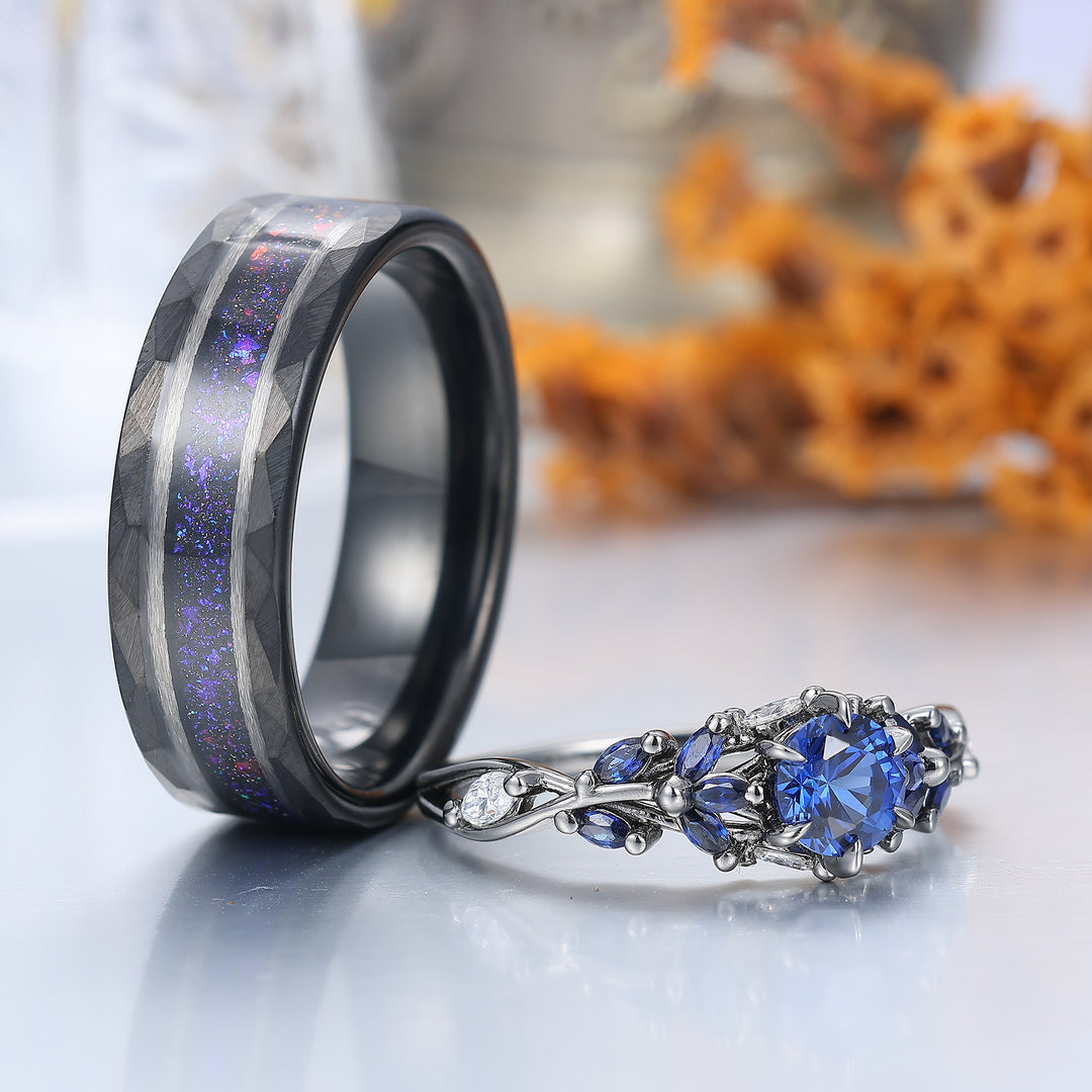 Gorgeous Curved Sapphire Stem Engagement Rings For Couples Modern Blue Tungsten Couple's Set Anniversary Wedding Band