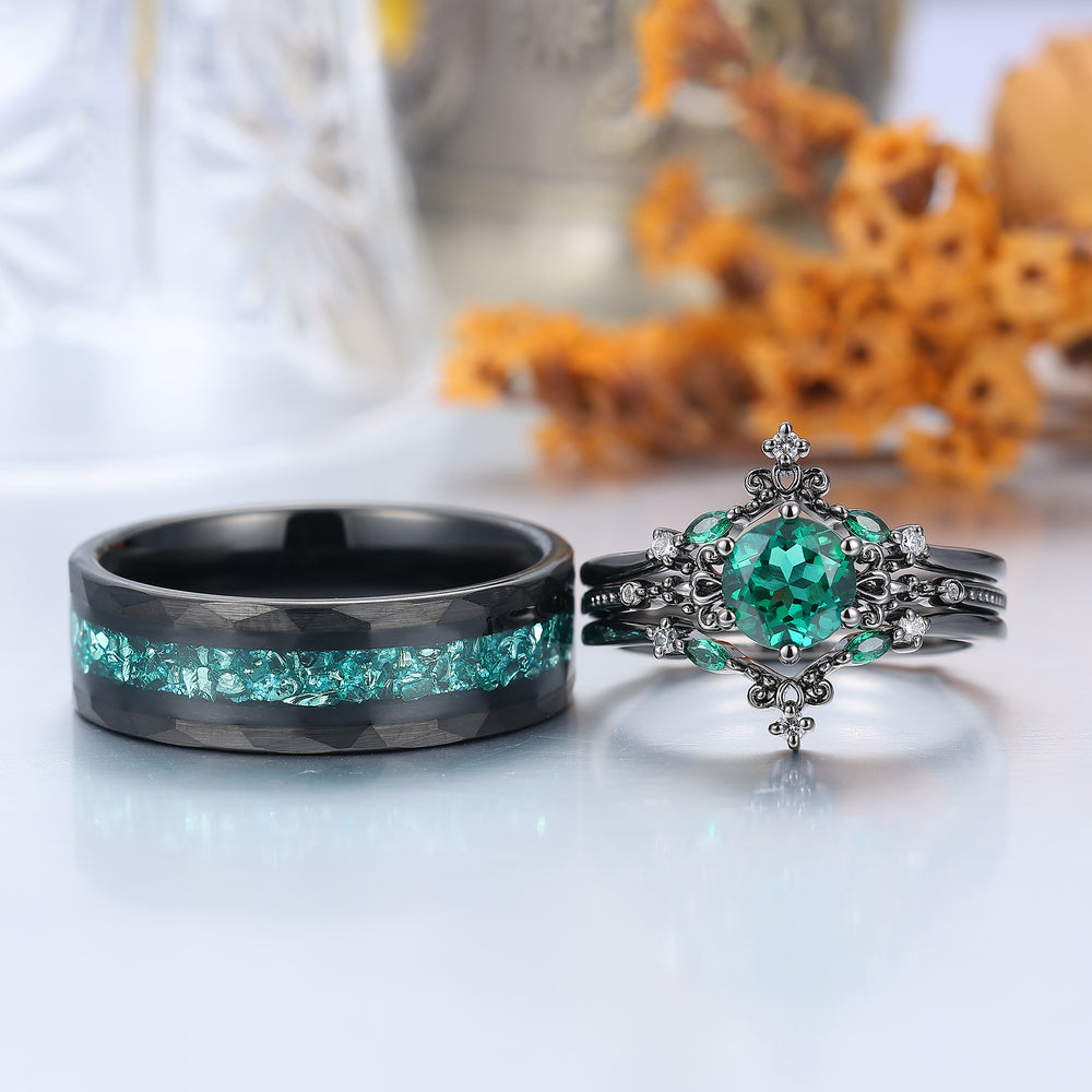 Dainty Scrollwork Round Cut Emerald Couple Ring Set Flourish Black Plated Rings For Him And Her