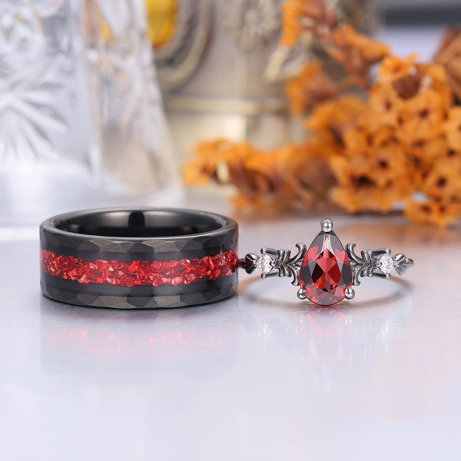 Anillos de pareja modernos de aniversario rojo con granate natural rojo exquisitamente filigranados, juego a juego para él y para ella