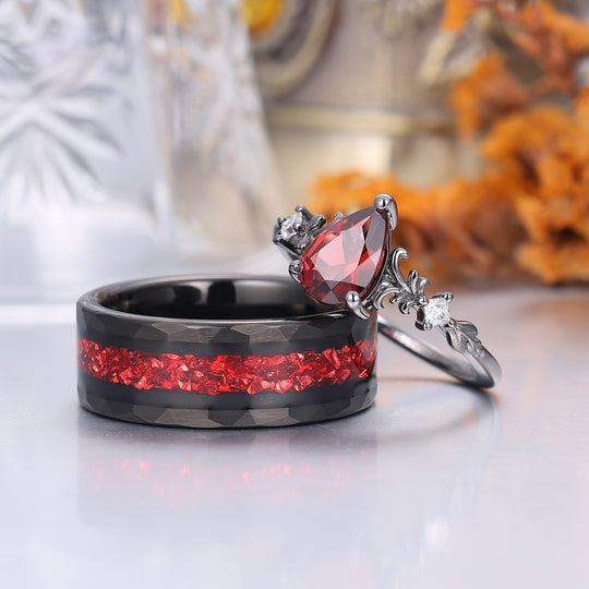 Exquisite filigrane natürliche rote Granat-Paarringe moderne rote Jubiläumsringe für Ihn und Sie passende Bänder