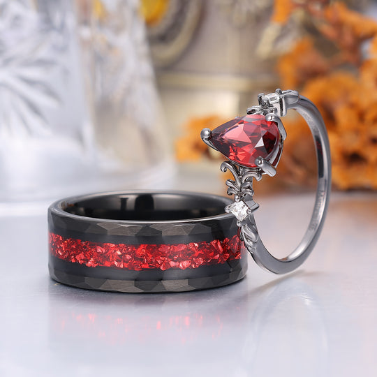 Exquisite filigrane natürliche rote Granat-Paarringe moderne rote Jubiläumsringe für Ihn und Sie passende Bänder