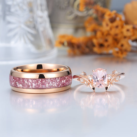 Artsy Leaf 1.25CT Pink Morganite Ring S925 And Tungsten His and Hers Wedding Band