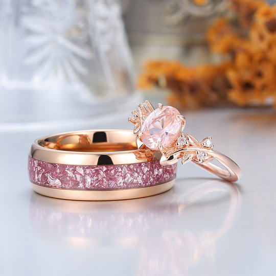 Artsy Leaf 1.25CT Pink Morganite Ring S925 And Tungsten His and Hers Wedding Band