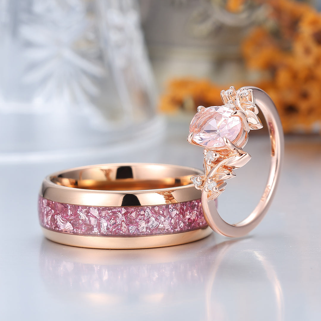 Artsy Leaf 1.25CT Pink Morganite Ring S925 And Tungsten His and Hers Wedding Band