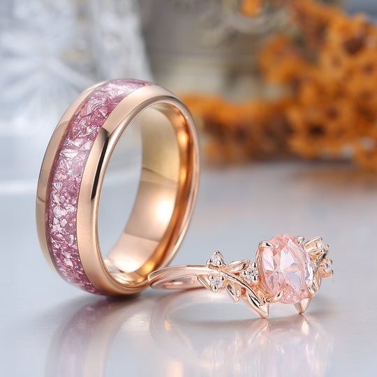 Artsy Leaf 1.25CT Pink Morganite Ring S925 And Tungsten His and Hers Wedding Band