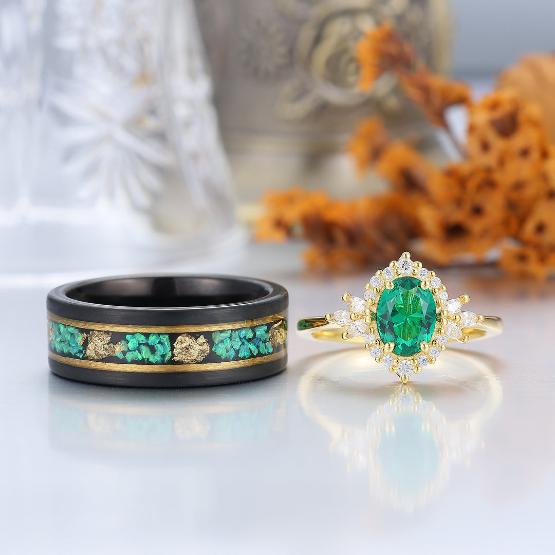 Oval Emerald Cluster Ring Matching Blue Green Opal Tungsten Anniversary Couples Ring Set