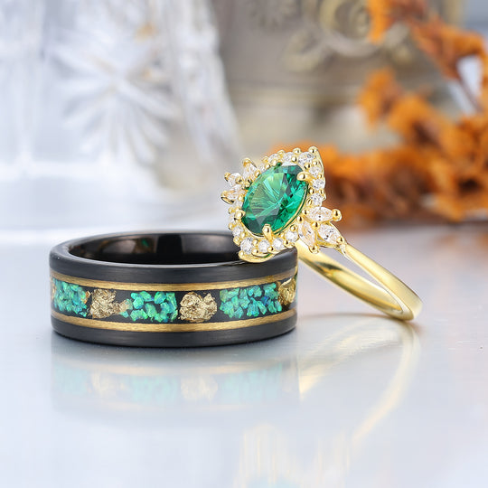 Oval Emerald Cluster Ring Matching Blue Green Opal Tungsten Anniversary Couples Ring Set