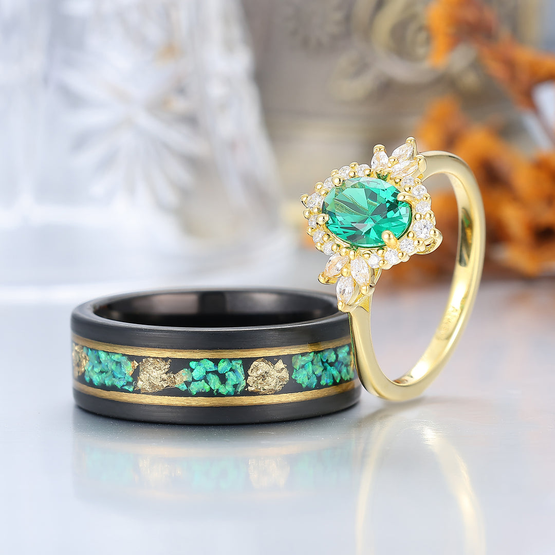 Oval Emerald Cluster Ring Matching Blue Green Opal Tungsten Anniversary Couples Ring Set