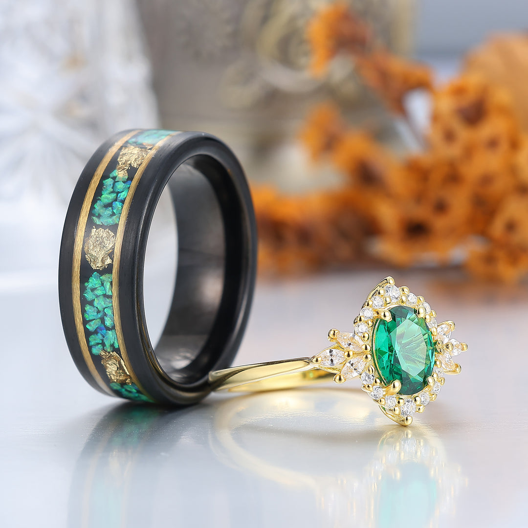 Oval Emerald Cluster Ring Matching Blue Green Opal Tungsten Anniversary Couples Ring Set