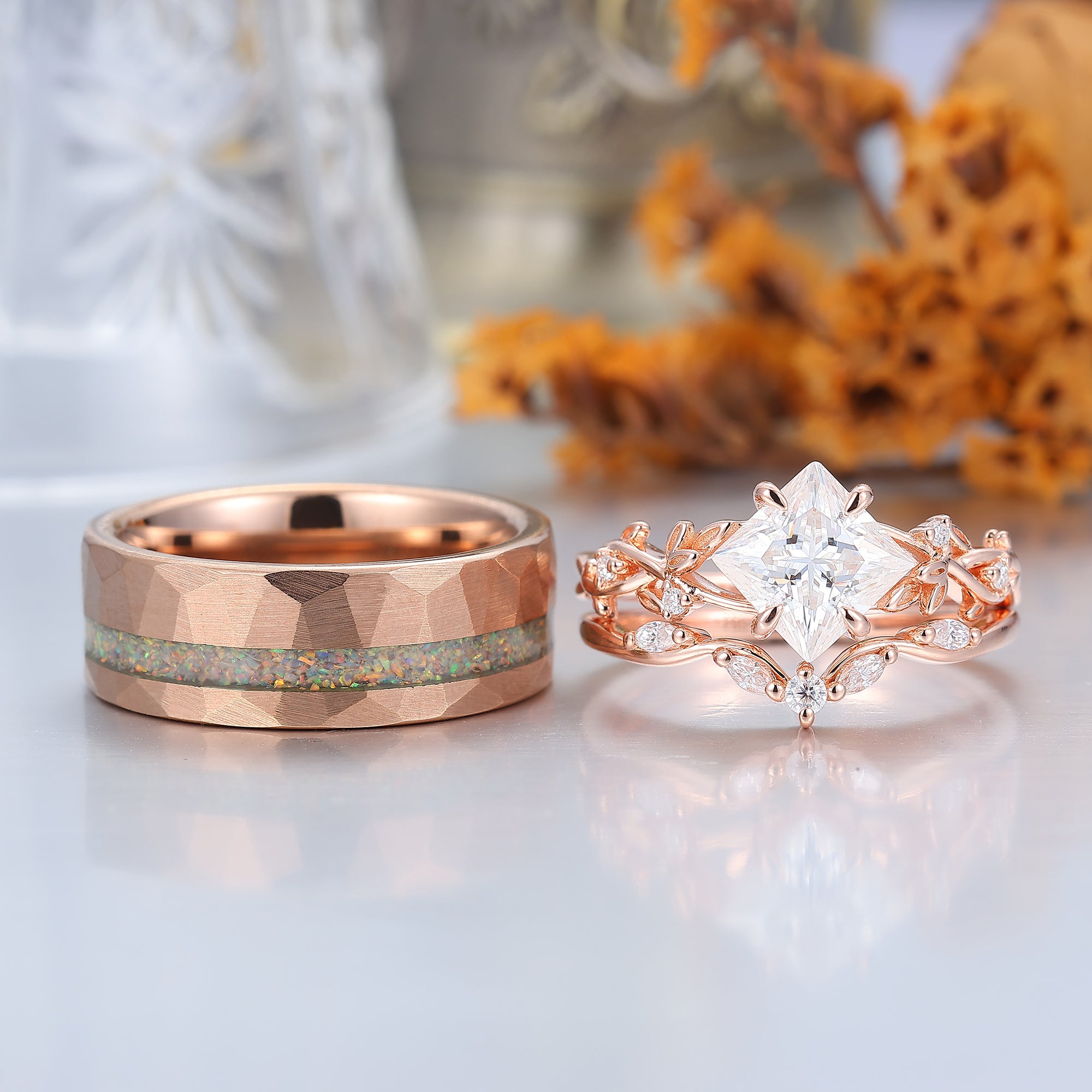 Brilliant Moissanite Engagement Matching Couples Promise Ring Opal Tun ...
