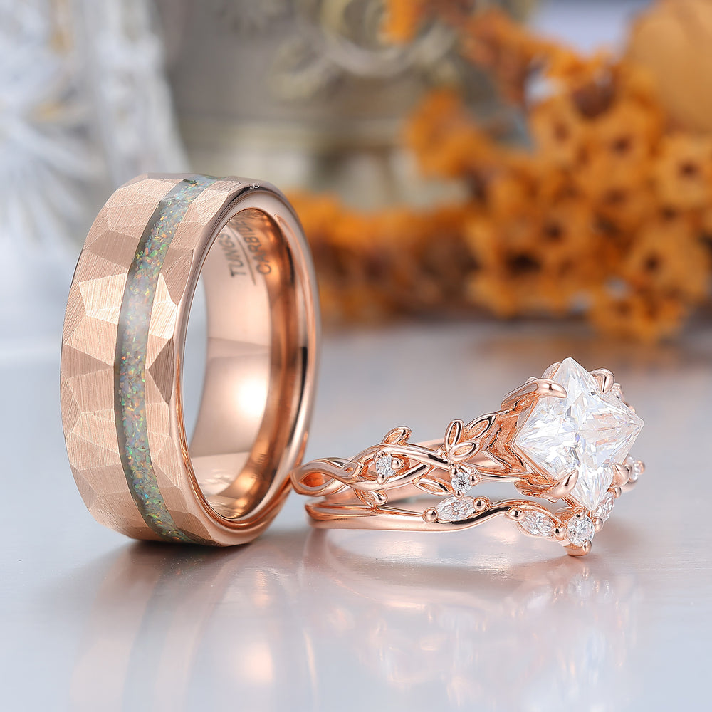 Brilliant Moissanite Engagement Matching Couples Promise Ring Opal Tungsten Wedding Bnads For Anniversary Gift