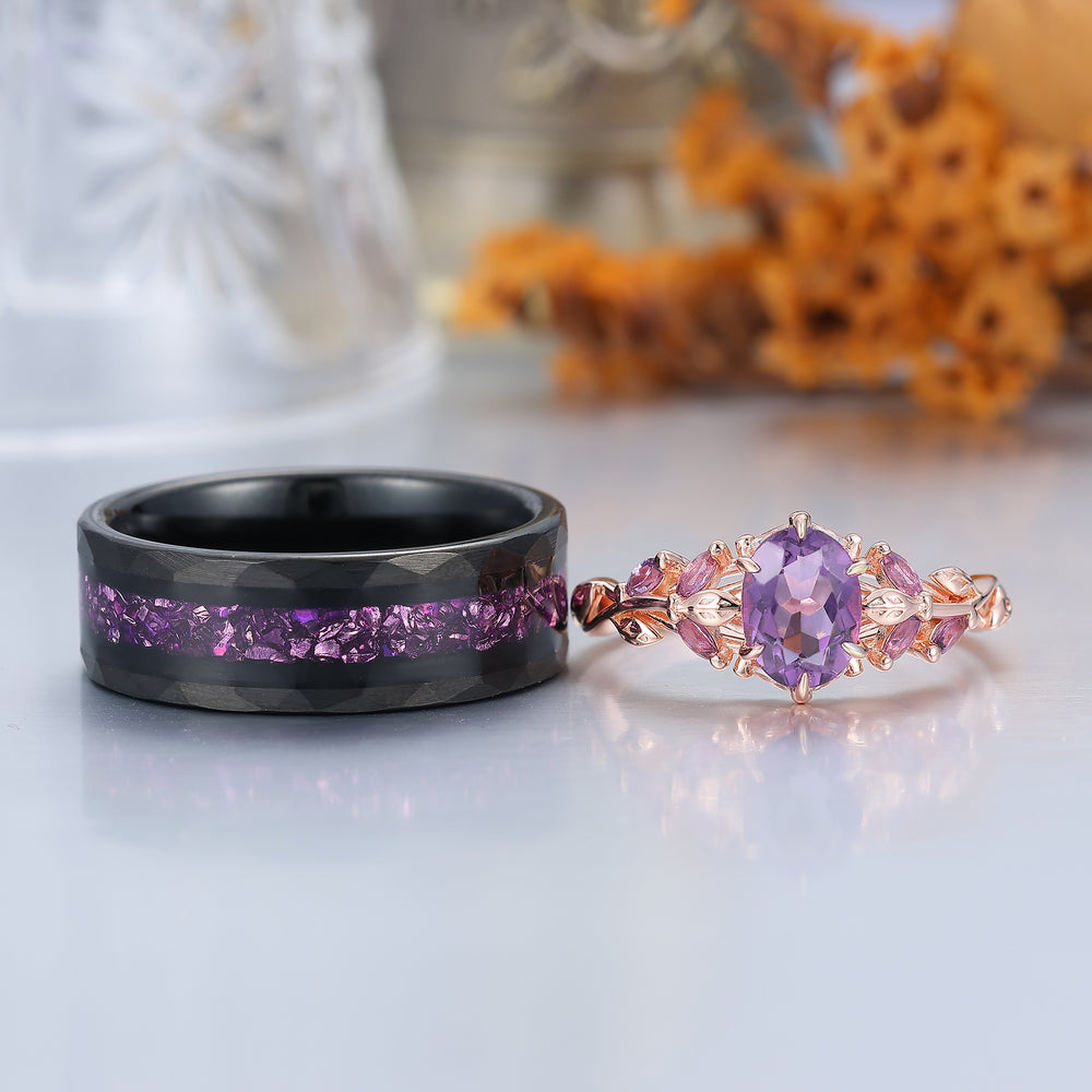 Einzigartiger runder Amethyst-Zweig-Paarring Lila Ring für Damen und Herren