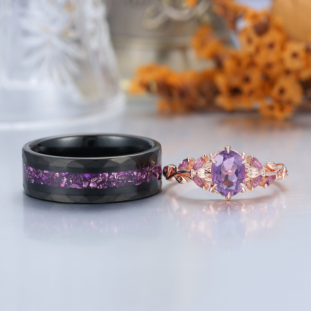 Anillo de pareja con rama de amatista de corte redondo único Anillo morado para mujeres y hombres